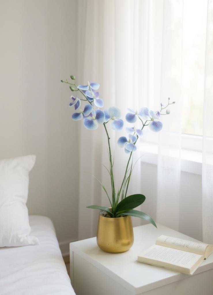 Yapay Çiçek Mavi Islak Orkide Gold Metal Saksıda Saksıda Orkide 50cm