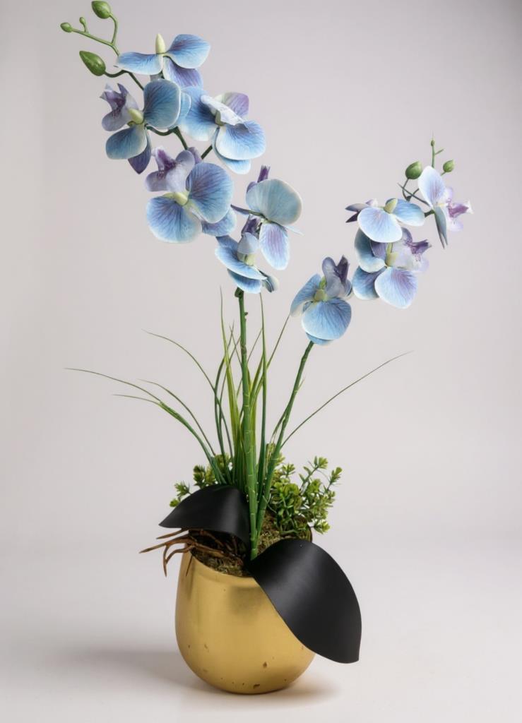 Yapay Çiçek Mavi Islak Orkide Gold Metal Saksıda Saksıda Orkide 50cm