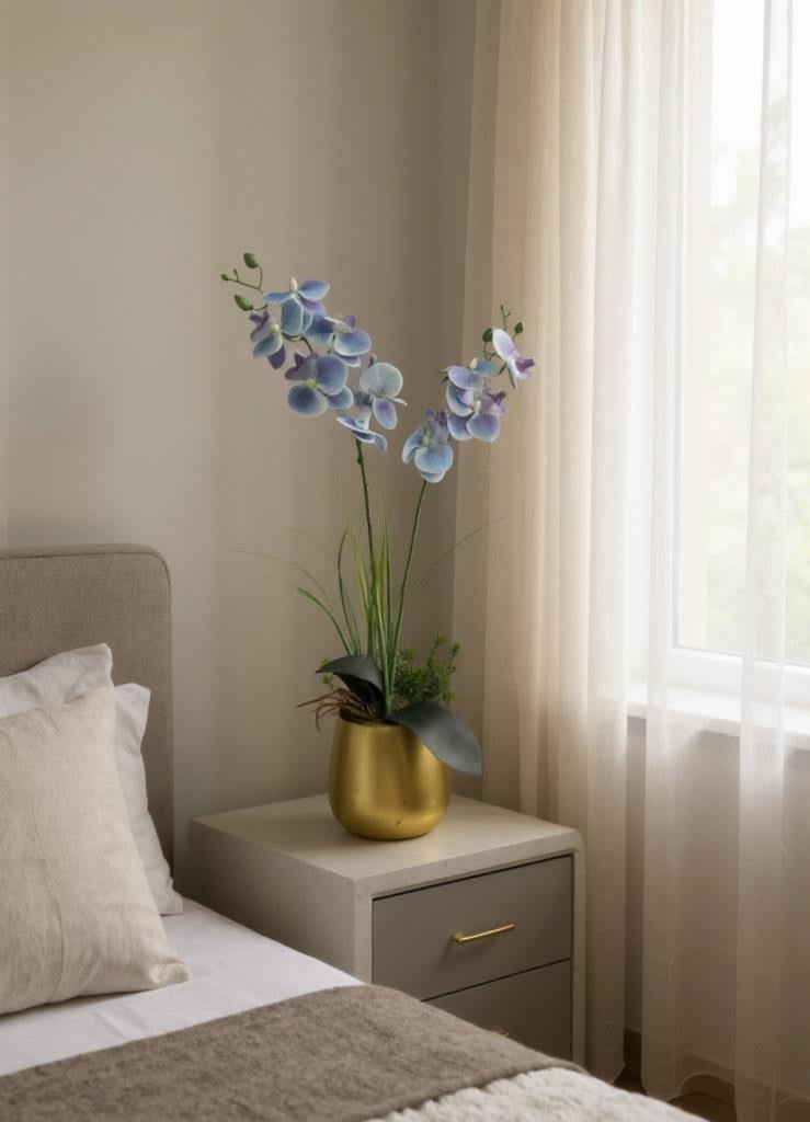 Yapay Çiçek Mavi Islak Orkide Gold Metal Saksıda Saksıda Orkide 50cm