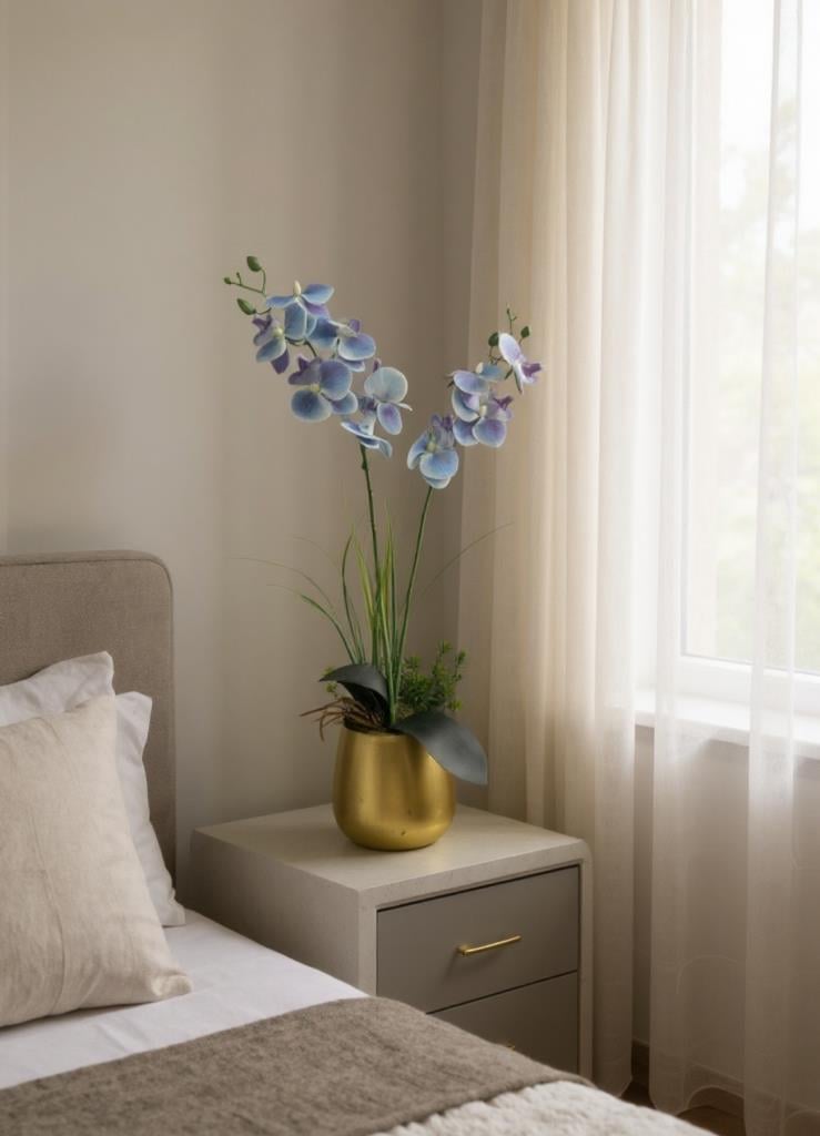 Yapay Çiçek Mavi Islak Orkide Gold Metal Saksıda Saksıda Orkide 50cm