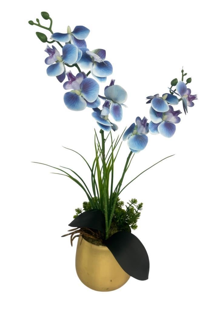 Yapay Çiçek Mavi Islak Orkide Gold Metal Saksıda Saksıda Orkide 50cm