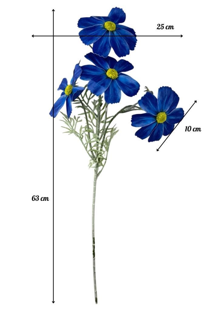Yapay Çiçek Mavi Papatya 4Çiçekli Uzun Dal 63cm Gerçeksi Doku