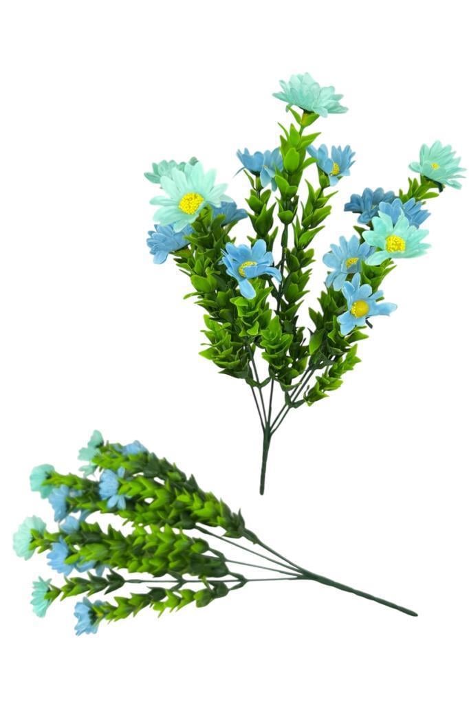 Yapay Çiçek Mavi Papatya 5 Dallı Plastik Dekoratif Yapay Bitki