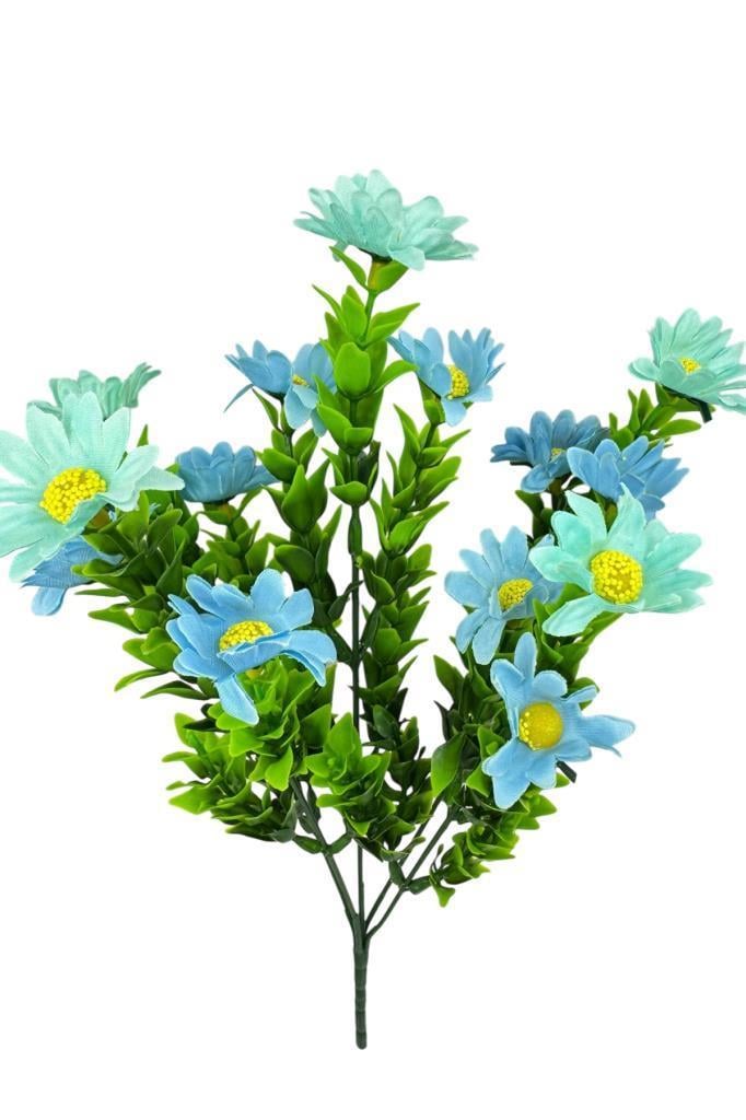 Yapay Çiçek Mavi Papatya 5 Dallı Plastik Dekoratif Yapay Bitki