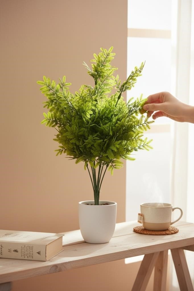 Yapay Çiçek Mimoza Yapraklı 45cm Demet Garnitür YEŞİL Aradal Dekoratif Yapay Bitki