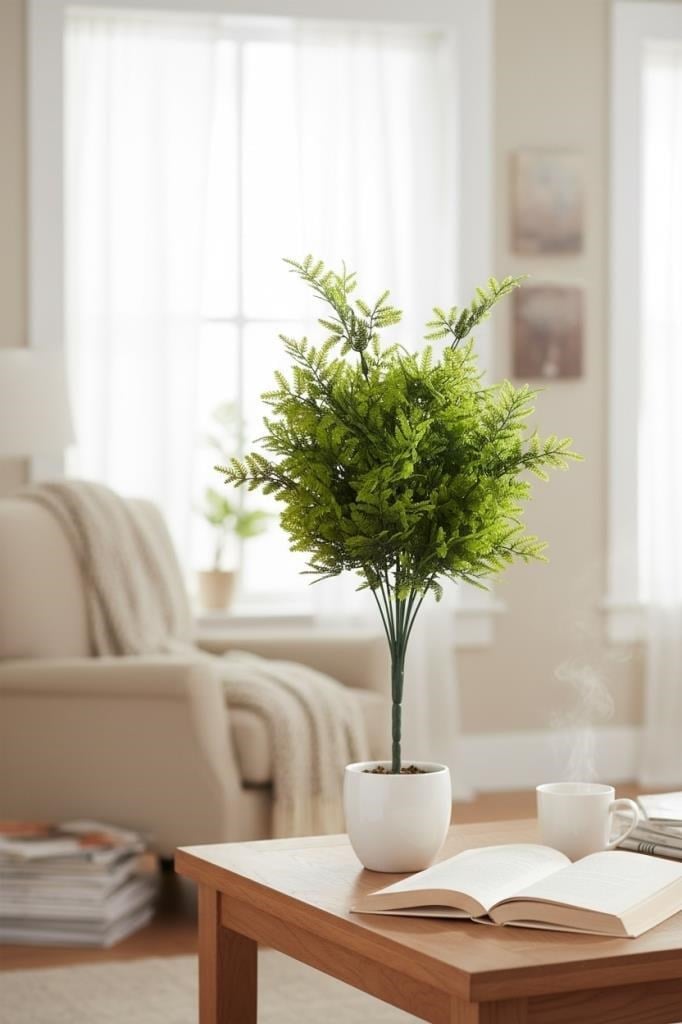 Yapay Çiçek Mimoza Yapraklı 45cm Demet Garnitür YEŞİL Aradal Dekoratif Yapay Bitki