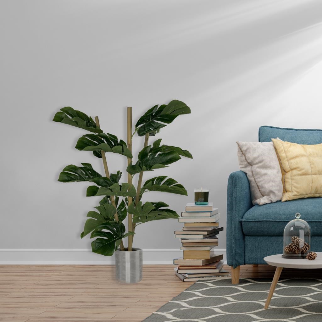 Yapay Çiçek Monstera Bambu Saplı Deve Tabanı Gümüş Saksılı Salon Çiçeği 18 Yaprak 80 cm