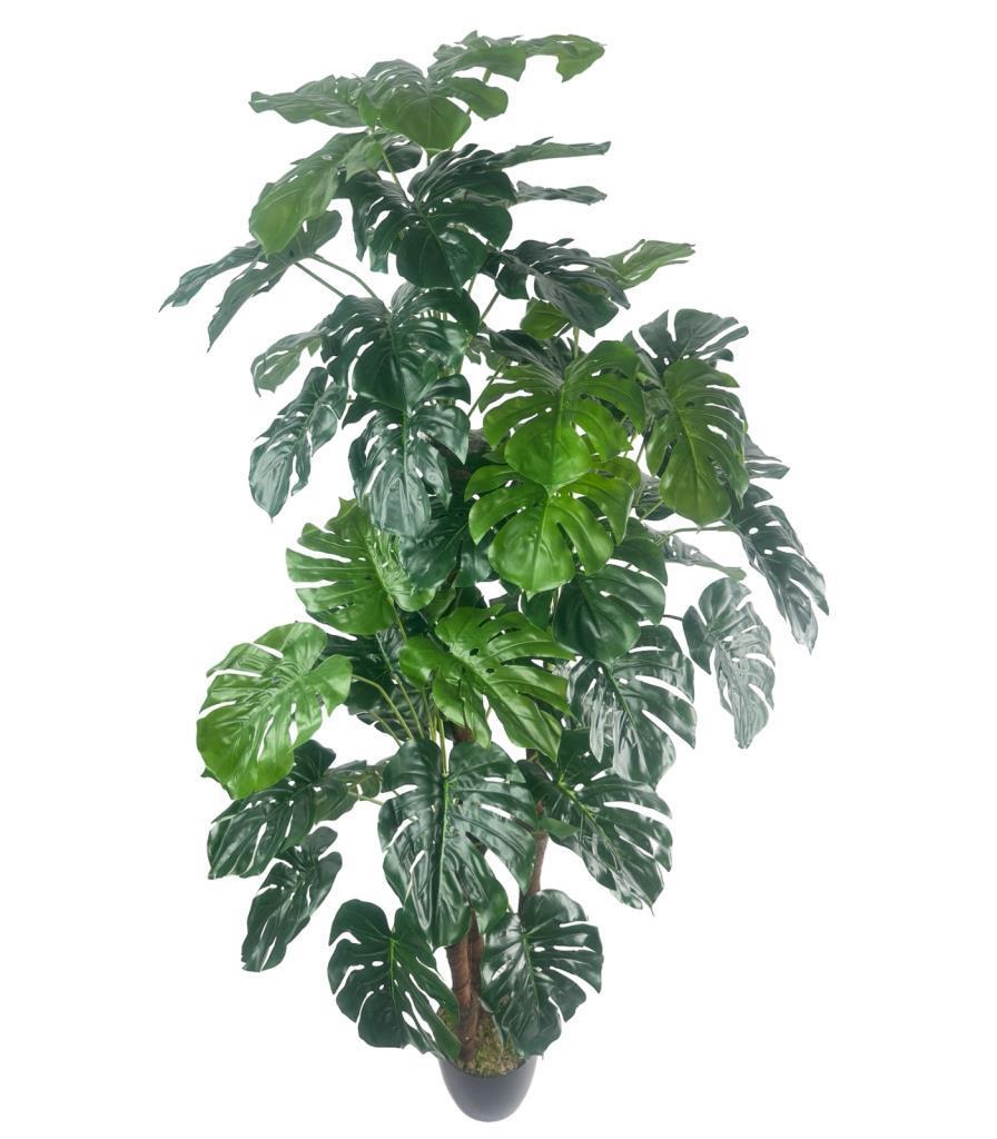 Yapay Çiçek Monstera Yeşil Deve Tabanı 3Katlı 135cm 54Yaprak Siyah Plastik Saksıda Yapay Bitki