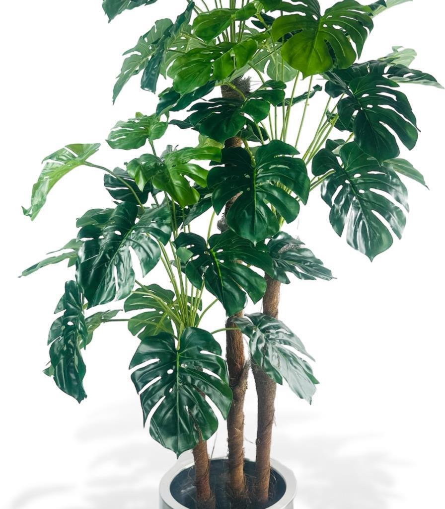 Yapay Çiçek Monstera Yeşil Deve Tabanı 3Katlı 135cm 54Yaprak Gümüş Kemerli Siyah Saksıda Yapay Bitki