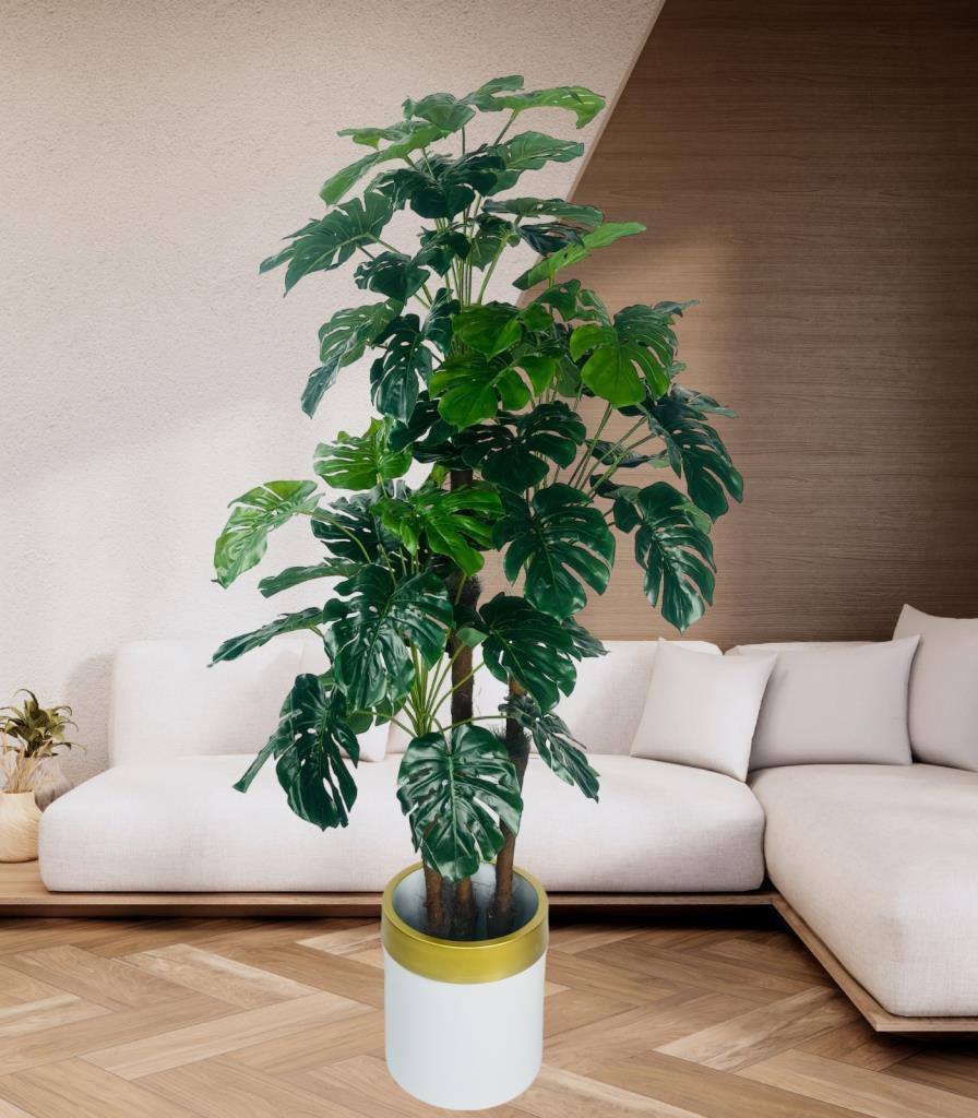 Yapay Çiçek Monstera Yeşil Deve Tabanı 3Katlı 135cm 54Yaprak Gold Kemerli Beyaz Saksıda Yapay Bitki