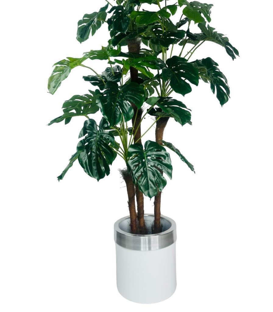 Yapay Çiçek Monstera Yeşil Deve Tabanı 3Katlı 135cm 54Yaprak Gümüş Kemerli Beyaz Saksıda Yapay Bitki