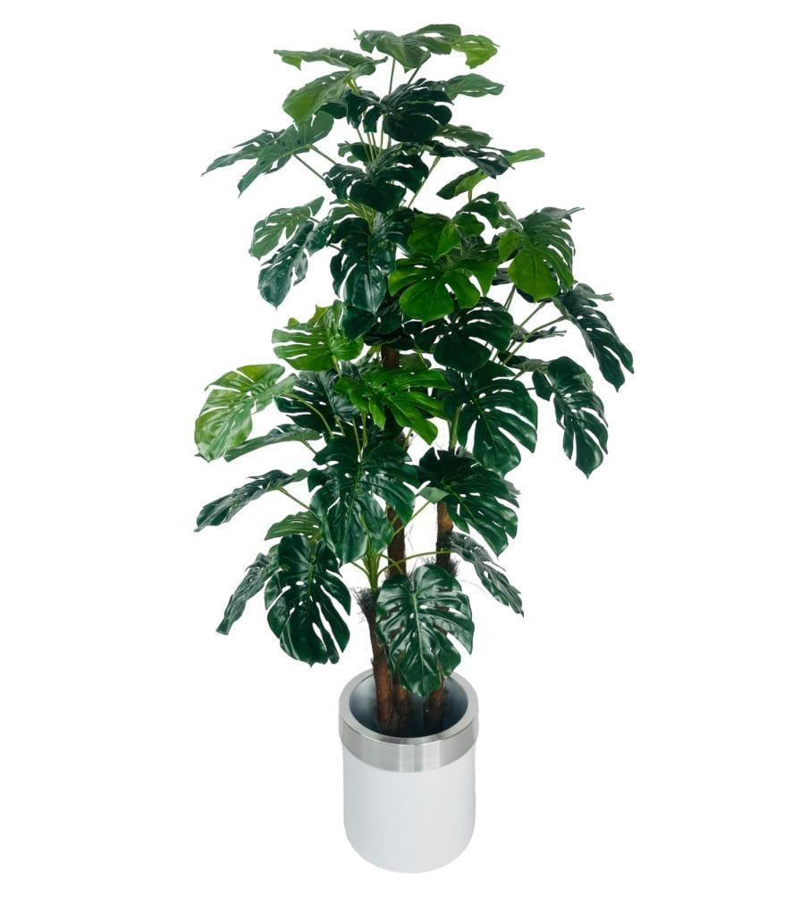 Yapay Çiçek Monstera Yeşil Deve Tabanı 3Katlı 135cm 54Yaprak Gümüş Kemerli Beyaz Saksıda Yapay Bitki