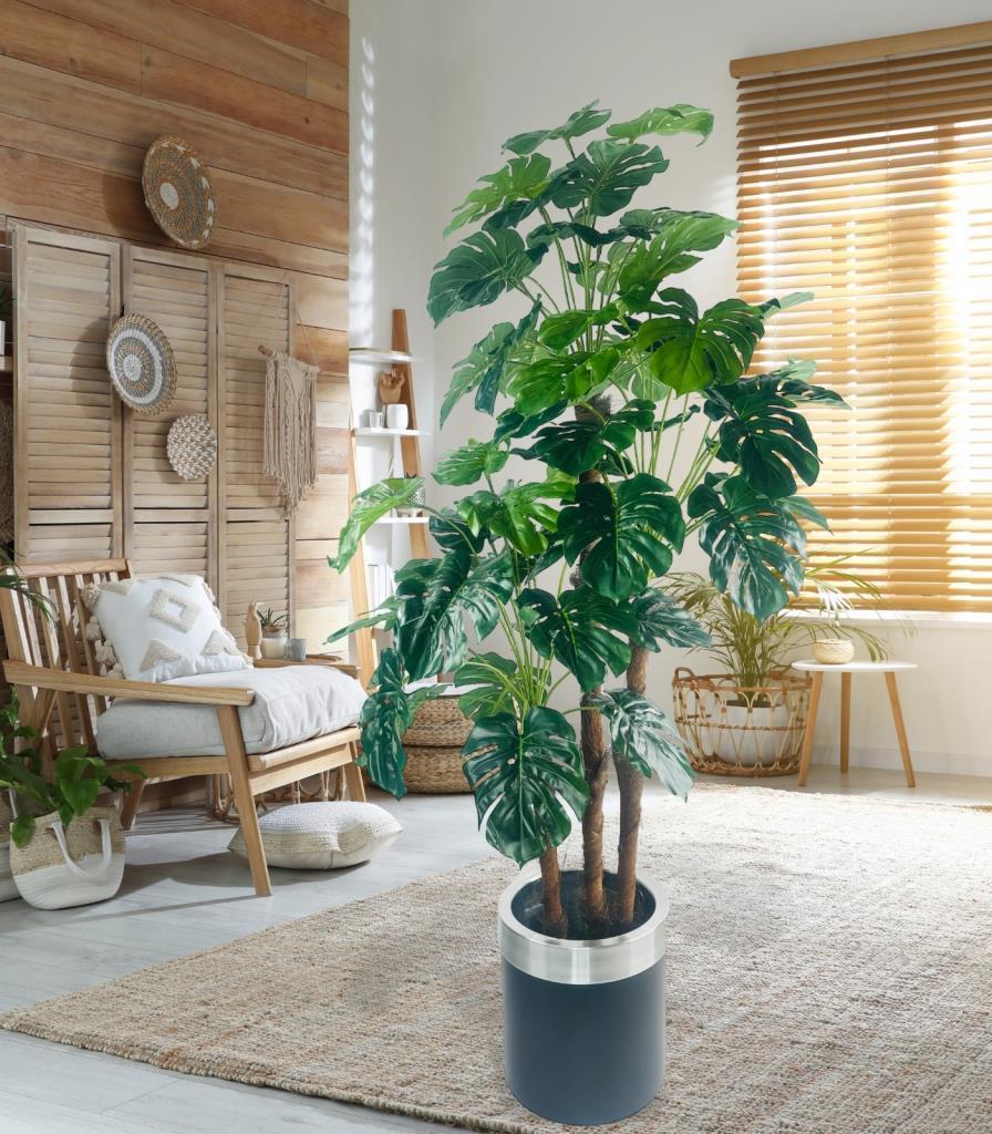 Yapay Çiçek Monstera Yeşil Deve Tabanı 3Katlı 135cm 54Yaprak Gümüş Kemerli Siyah Saksıda Yapay Bitki