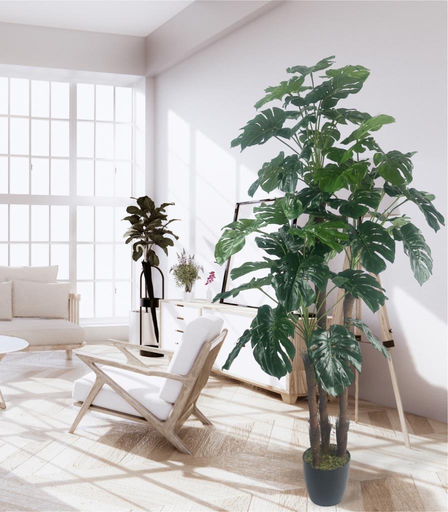 Yapay Çiçek Monstera Yeşil Deve Tabanı 3Katlı 135cm 54Yaprak Siyah Plastik Saksıda Yapay Bitki
