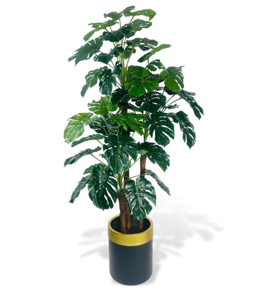 Yapay Çiçek Monstera Yeşil Deve Tabanı 3Katlı 135cm 54Yaprak Gold Kemerli Siyah Saksıda Yapay Bitki