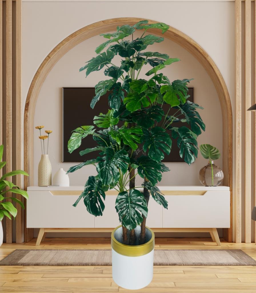 Yapay Çiçek Monstera Yeşil Deve Tabanı 3Katlı 135cm 54Yaprak Gold Kemerli Beyaz Saksıda Yapay Bitki