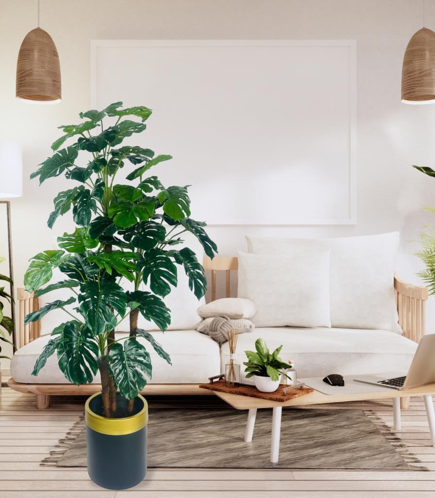 Yapay Çiçek Monstera Yeşil Deve Tabanı 3Katlı 135cm 54Yaprak Gold Kemerli Siyah Saksıda Yapay Bitki