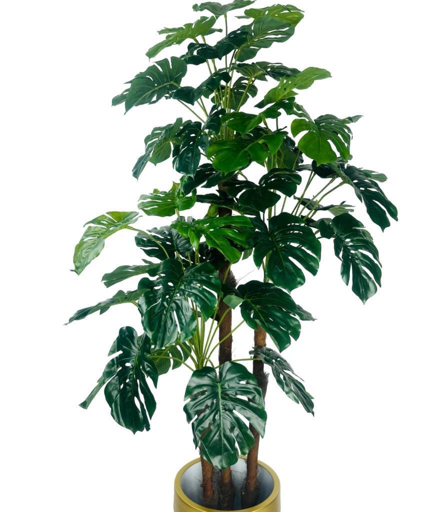 Yapay Çiçek Monstera Yeşil Deve Tabanı 3Katlı 135cm 54Yaprak Gold Kemerli Beyaz Saksıda Yapay Bitki