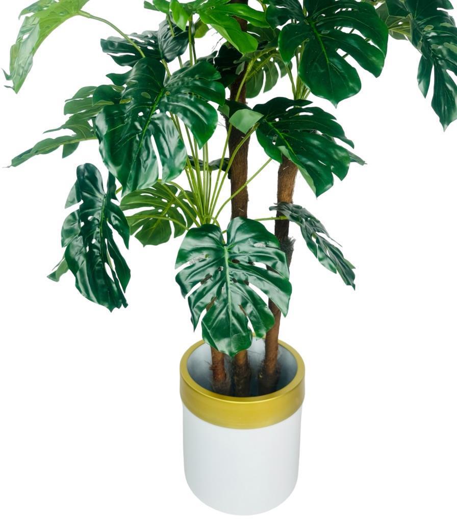 Yapay Çiçek Monstera Yeşil Deve Tabanı 3Katlı 135cm 54Yaprak Gold Kemerli Beyaz Saksıda Yapay Bitki