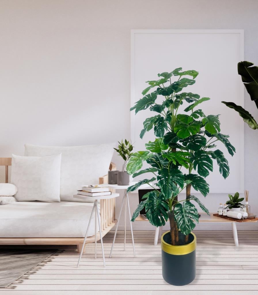 Yapay Çiçek Monstera Yeşil Deve Tabanı 3Katlı 135cm 54Yaprak Gold Kemerli Siyah Saksıda Yapay Bitki