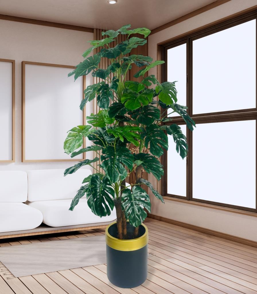 Yapay Çiçek Monstera Yeşil Deve Tabanı 3Katlı 135cm 54Yaprak Gold Kemerli Siyah Saksıda Yapay Bitki