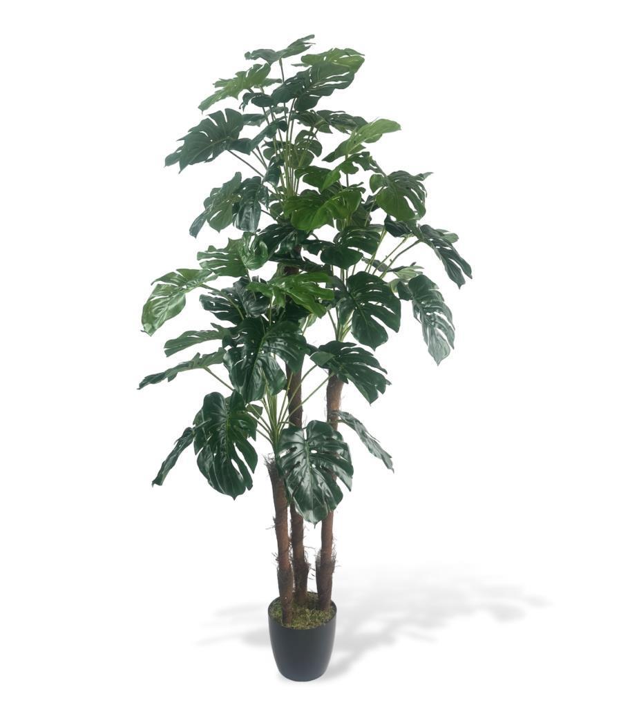 Yapay Çiçek Monstera Yeşil Deve Tabanı 3Katlı 135cm 54Yaprak Siyah Plastik Saksıda Yapay Bitki