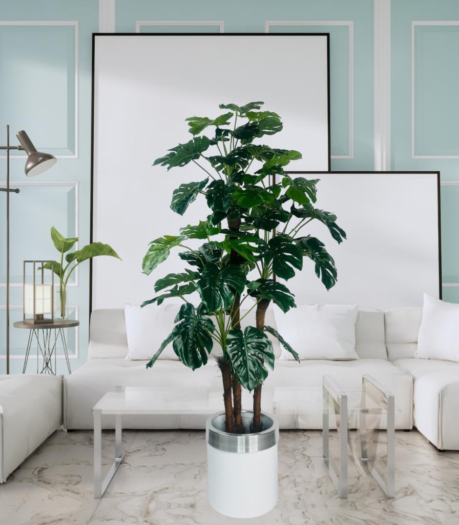 Yapay Çiçek Monstera Yeşil Deve Tabanı 3Katlı 135cm 54Yaprak Gümüş Kemerli Beyaz Saksıda Yapay Bitki