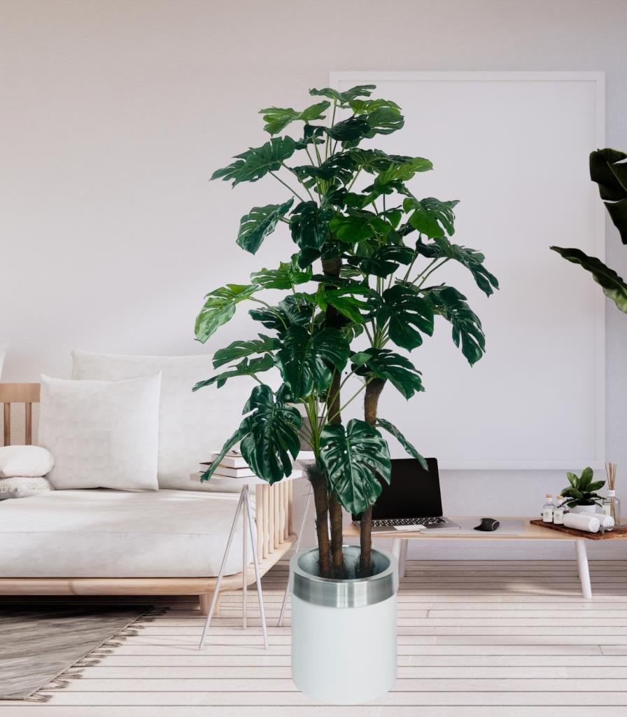 Yapay Çiçek Monstera Yeşil Deve Tabanı 3Katlı 135cm 54Yaprak Gümüş Kemerli Beyaz Saksıda Yapay Bitki