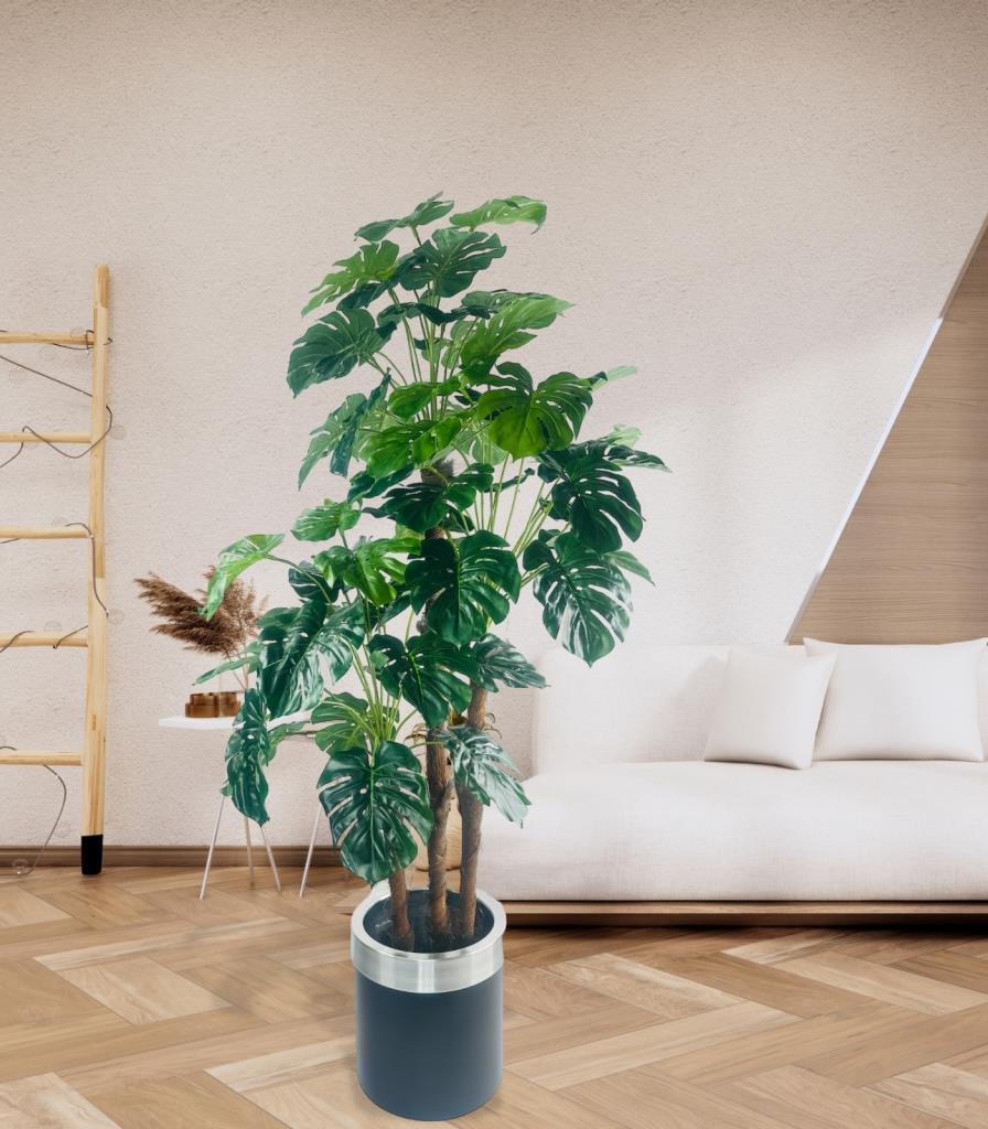 Yapay Çiçek Monstera Yeşil Deve Tabanı 3Katlı 135cm 54Yaprak Gümüş Kemerli Siyah Saksıda Yapay Bitki