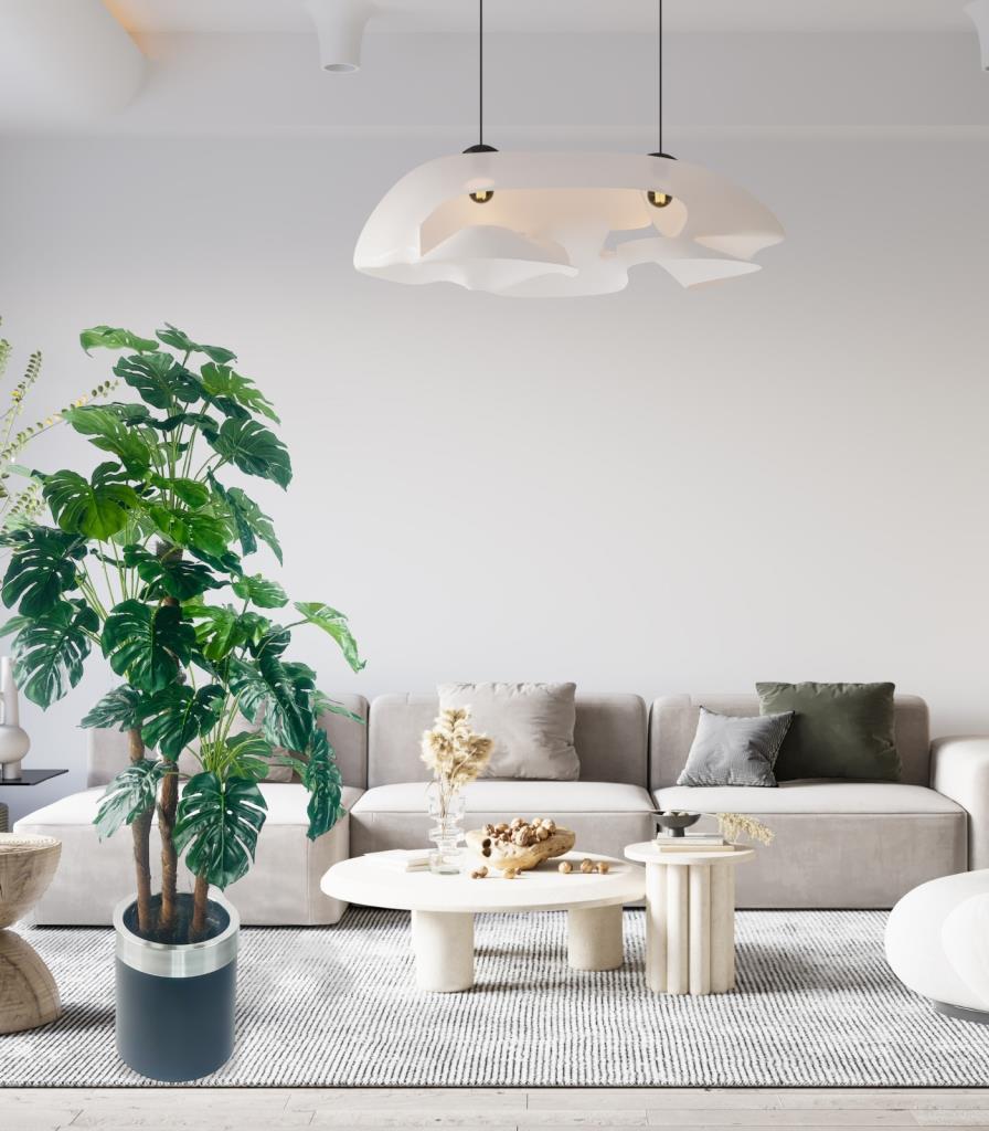 Yapay Çiçek Monstera Yeşil Deve Tabanı 3Katlı 135cm 54Yaprak Gümüş Kemerli Siyah Saksıda Yapay Bitki