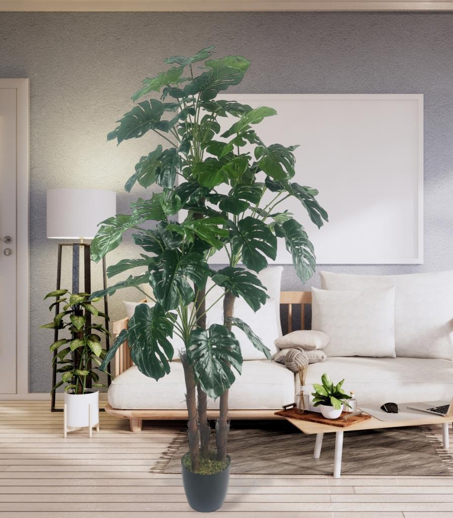 Yapay Çiçek Monstera Yeşil Deve Tabanı 3Katlı 135cm 54Yaprak Siyah Plastik Saksıda Yapay Bitki