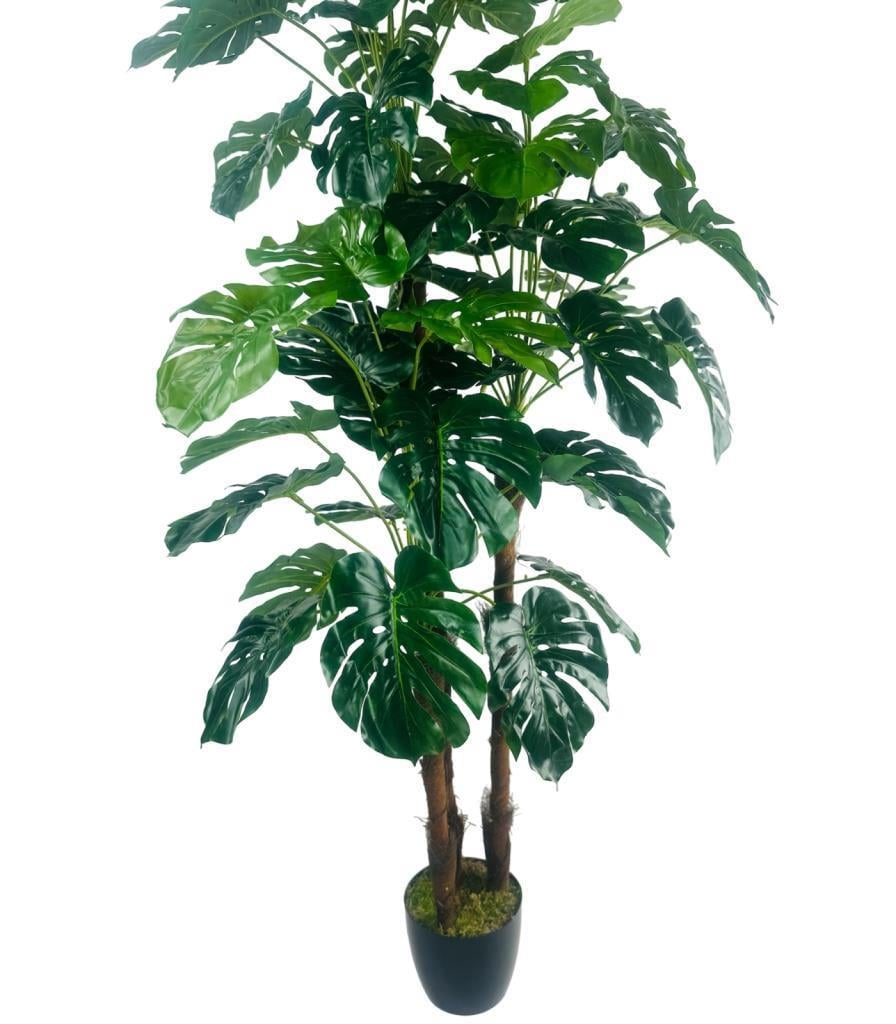 Yapay Çiçek Monstera Yeşil Deve Tabanı 3Katlı 135cm 54Yaprak Siyah Plastik Saksıda Yapay Bitki