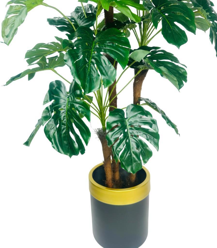 Yapay Çiçek Monstera Yeşil Deve Tabanı 3Katlı 135cm 54Yaprak Gold Kemerli Siyah Saksıda Yapay Bitki