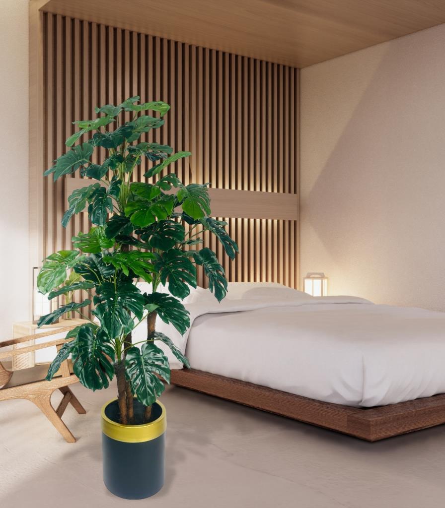 Yapay Çiçek Monstera Yeşil Deve Tabanı 3Katlı 135cm 54Yaprak Gold Kemerli Siyah Saksıda Yapay Bitki