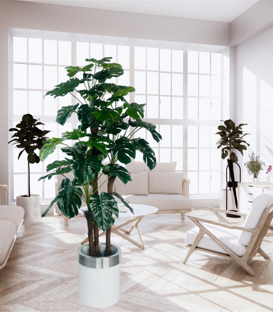 Yapay Çiçek Monstera Yeşil Deve Tabanı 3Katlı 135cm 54Yaprak Gümüş Kemerli Beyaz Saksıda Yapay Bitki