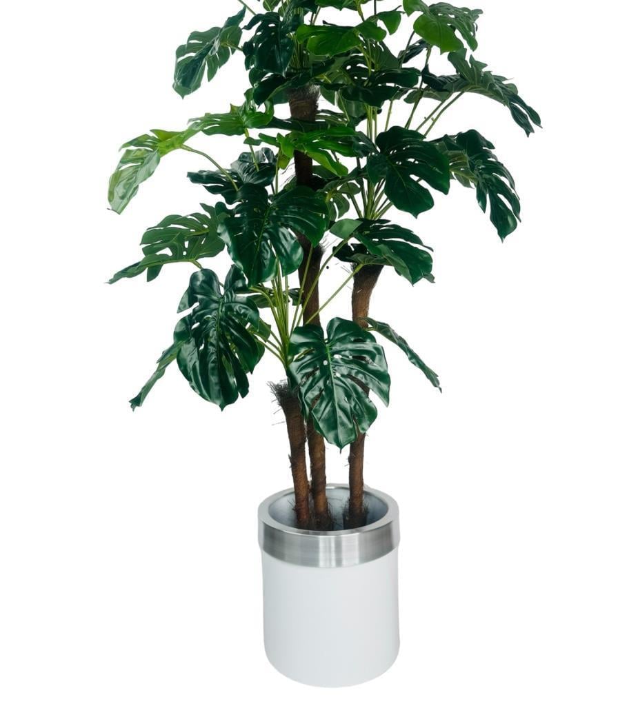 Yapay Çiçek Monstera Yeşil Deve Tabanı 3Katlı 135cm 54Yaprak Gümüş Kemerli Beyaz Saksıda Yapay Bitki
