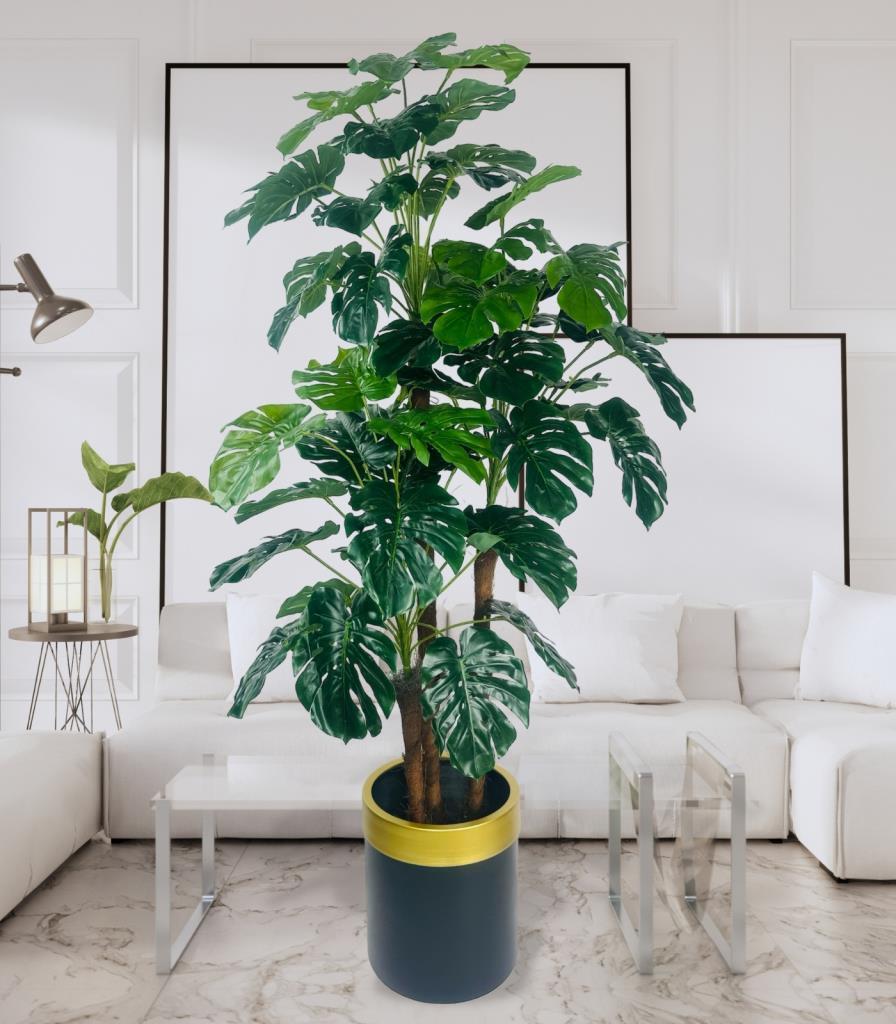Yapay Çiçek Monstera Yeşil Deve Tabanı 3Katlı 135cm 54Yaprak Gold Kemerli Siyah Saksıda Yapay Bitki
