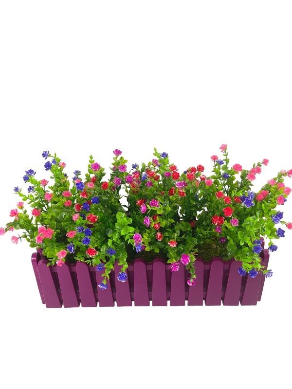 Yapay Çiçek Mor Çit Balkon Saksısı Renkli Mineli Şimşir Çiçekli 55*35cm