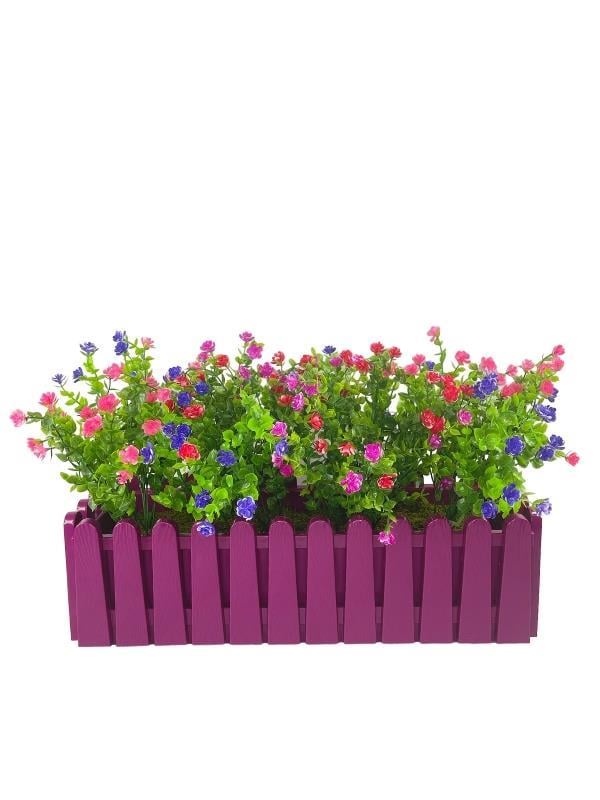 Yapay Çiçek Mor Çit Balkon Saksısı Renkli Mineli Şimşir Çiçekli 55*35cm