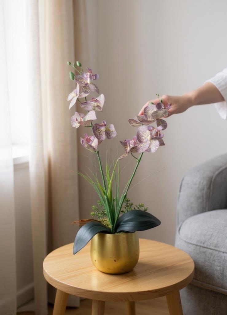 Yapay Çiçek Mor Islak Orkide Gold Metal Saksıda Saksıda Orkide 50cm