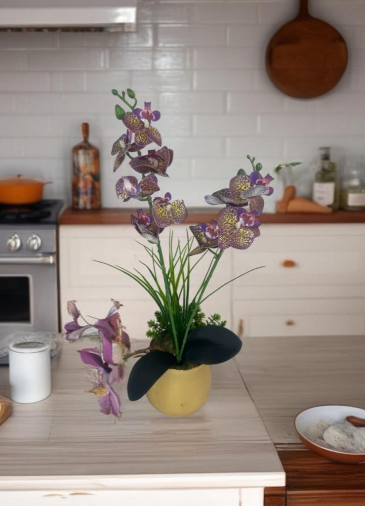 Yapay Çiçek Mor Islak Orkide Gold Metal Saksıda Saksıda Orkide 50cm