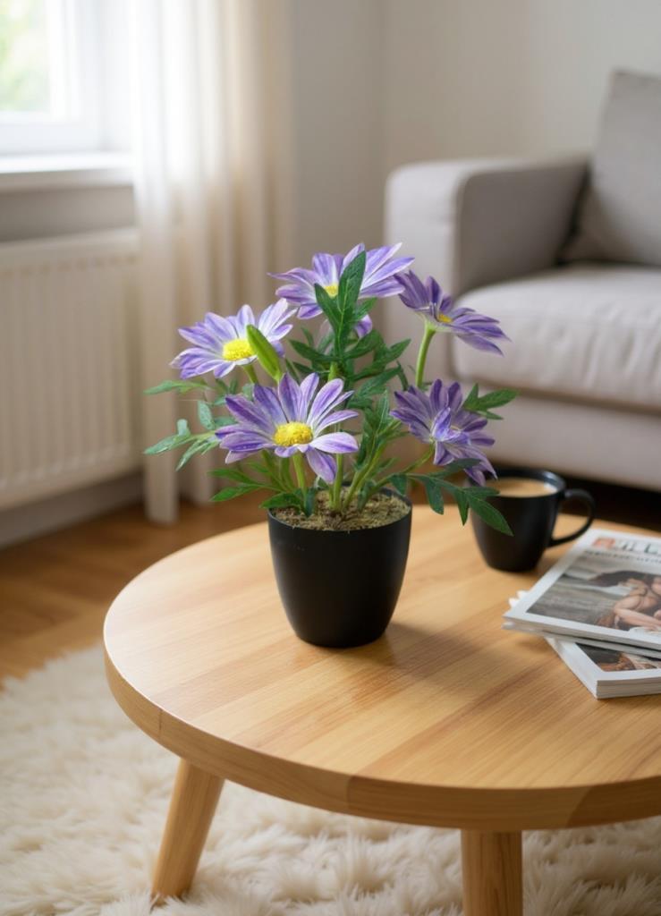 Yapay Çiçek Mor Margarit Papatya Siyah Saksıda Dekoratif Yapay Çiçek 30*25cm