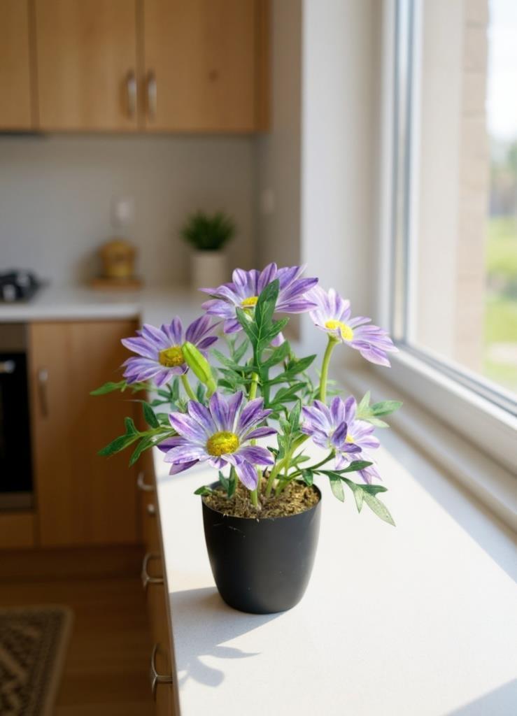 Yapay Çiçek Mor Margarit Papatya Siyah Saksıda Dekoratif Yapay Çiçek 30*25cm