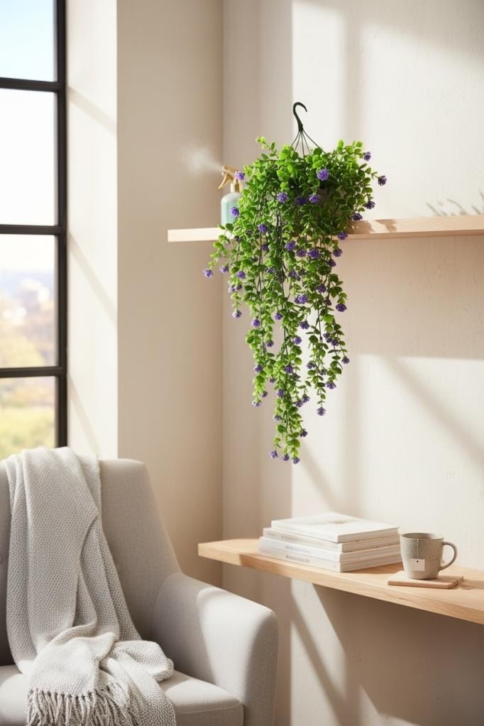 Yapay Çiçek Mor Sarkan Lotus Çiçekli Okaliptus Şimşir Yapay Sarmaşık 5dal 60cm