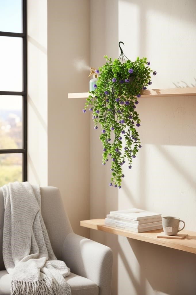 Yapay Çiçek Mor Sarkan Lotus Çiçekli Okaliptus Şimşir Yapay Sarmaşık 5dal 60cm