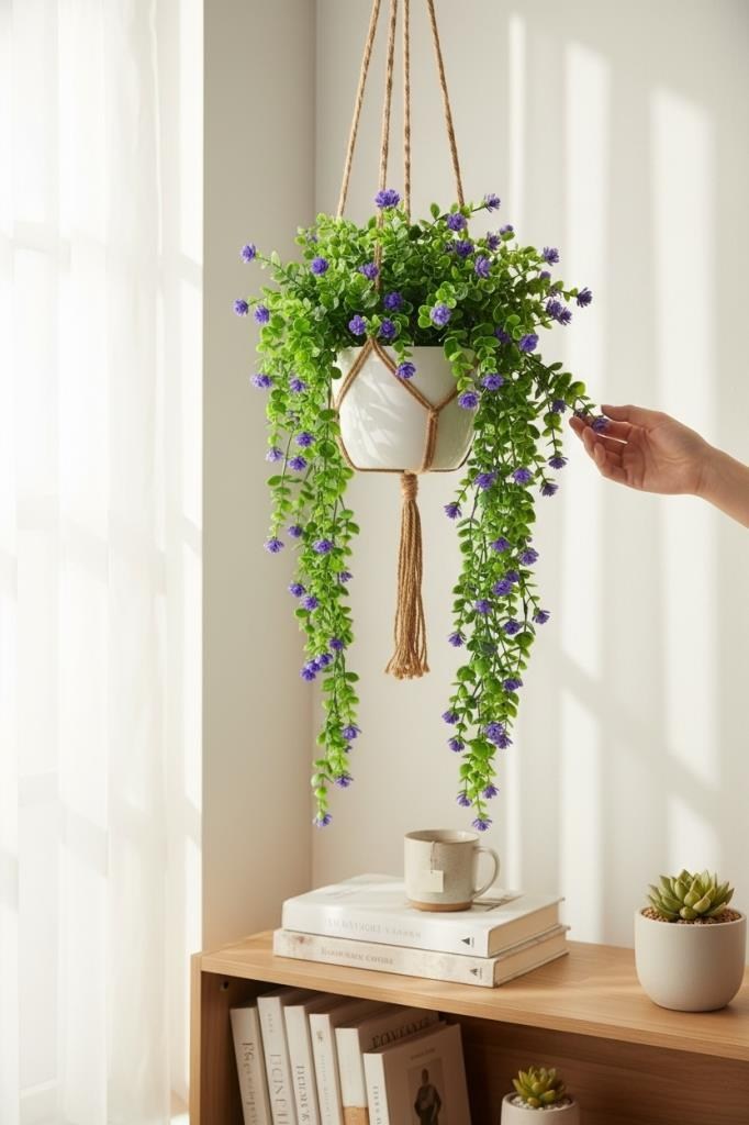 Yapay Çiçek Mor Sarkan Lotus Çiçekli Okaliptus Şimşir Yapay Sarmaşık 5dal 60cm