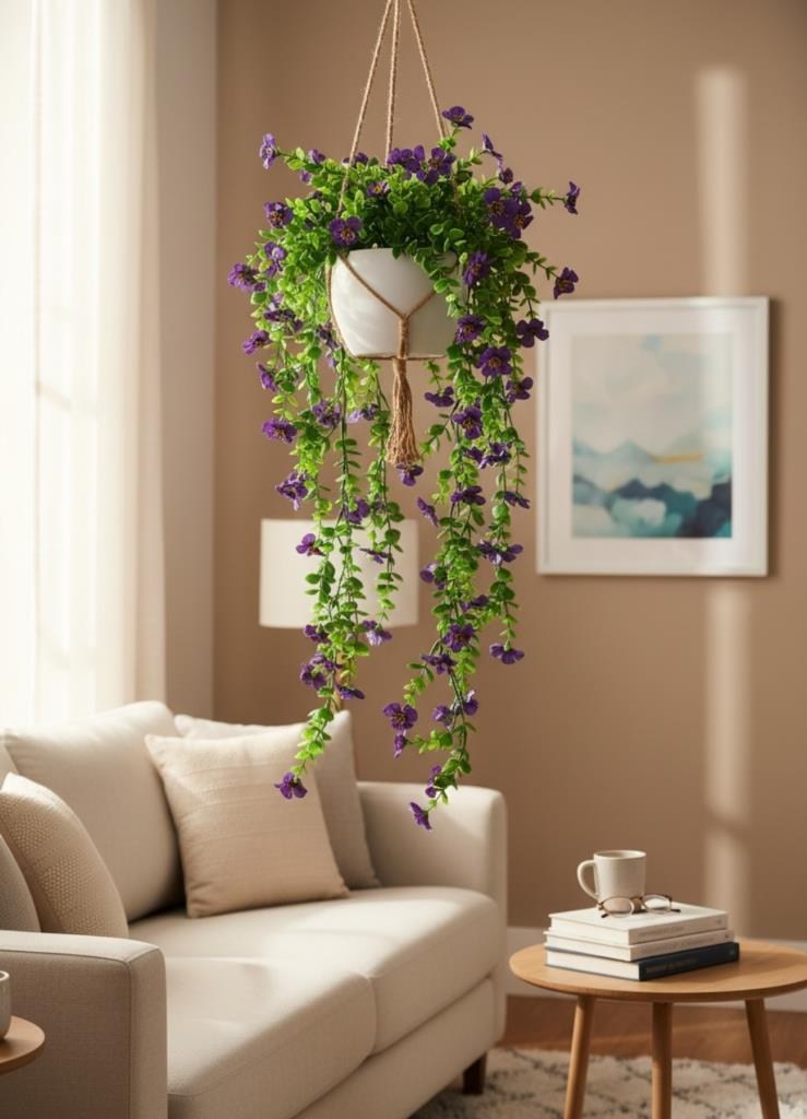 Yapay Çiçek Mor Sarkan Mineli Okaliptus Şimşir Yapay Sarmaşık 5dal 60cm