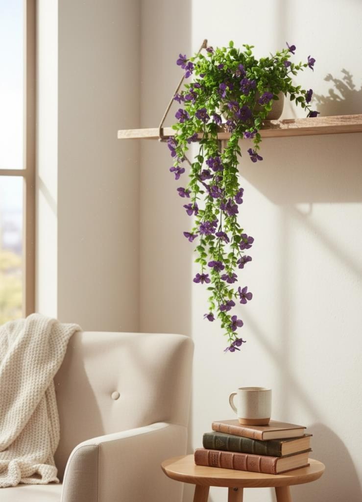 Yapay Çiçek Mor Sarkan Mineli Okaliptus Şimşir Yapay Sarmaşık 5dal 60cm