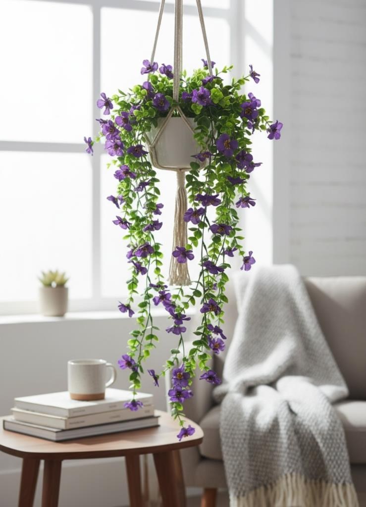 Yapay Çiçek Mor Sarkan Mineli Okaliptus Şimşir Yapay Sarmaşık 5dal 60cm
