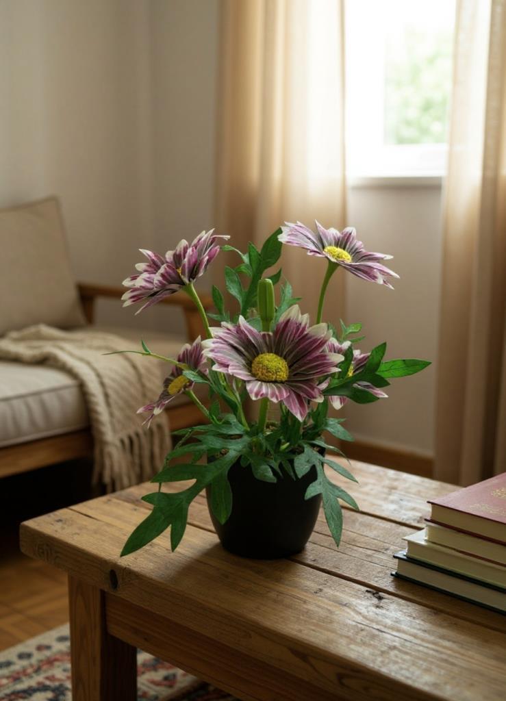 Yapay Çiçek Mürdüm Margarit Papatya Siyah Saksıda Dekoratif Yapay Çiçek 30*25cm